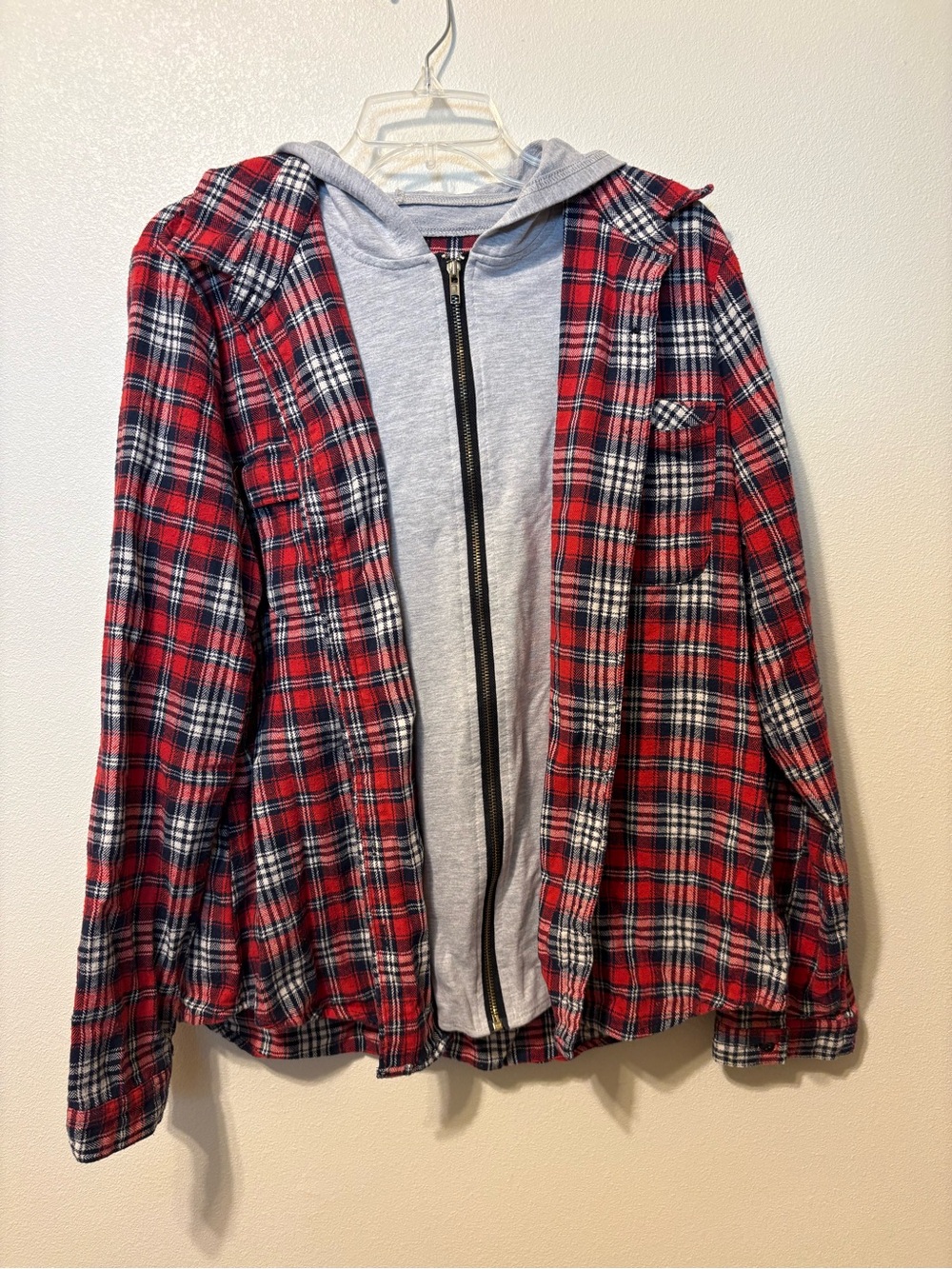 Red Plaid Hooded Jacket with Gray Zip Front